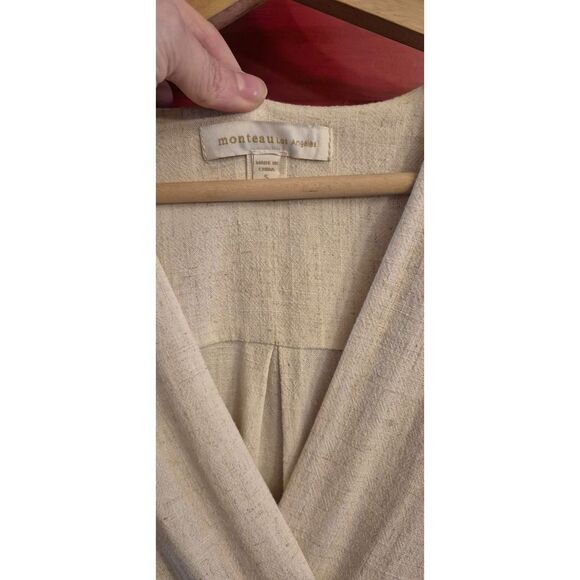 Monteau Los Angeles Size Small Rayon Linen Blend Faux Wrap Dress Ivory Tan EUC - Picture 3 of 4